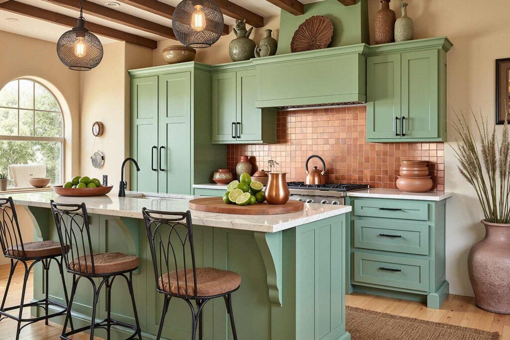 Arcadia Kitchen with Cactus Green Cabinets and Copper Backsplash, painter for cabinets, Refresh and Revive: Stunning Painting Ideas from a Master Cabinet Painter, Serene Sage Green