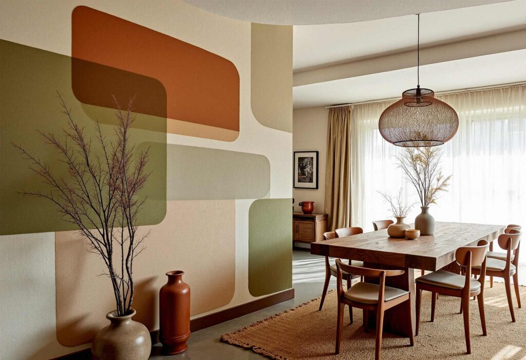 Dining Area With Sage and Golds Rectangles Swedish Dining Table, The Secret Weapon of Interior Design: Painting Shapes and Patterns That Wow, Painting Phoenix, Painting Murals