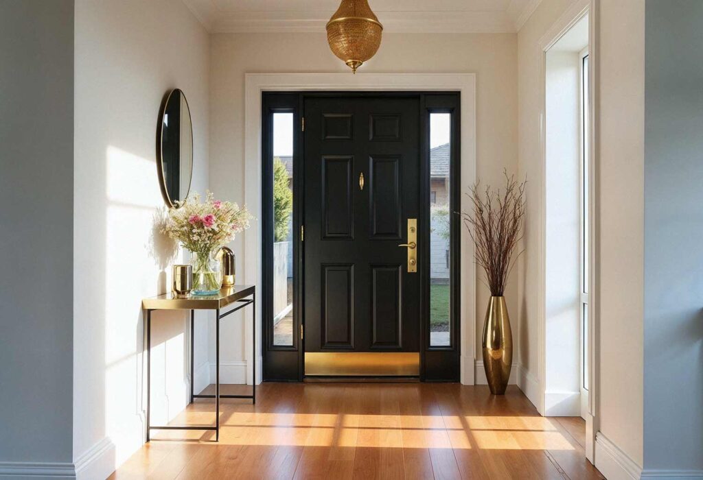 Elegant Entryway Featuring Black Door and Gold Accents, Make Your Entryway Unforgettable: Stunning Painting Ideas to Transform Your Front Door into a Showstopper