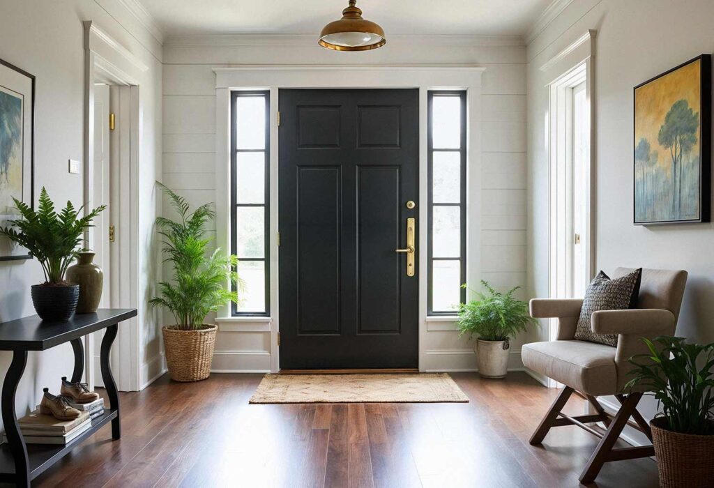 Entry Foyer Showing Black Door and Gold Accents, Make Your Entryway Unforgettable: Stunning Painting Ideas to Transform Your Front Door into a Showstopper