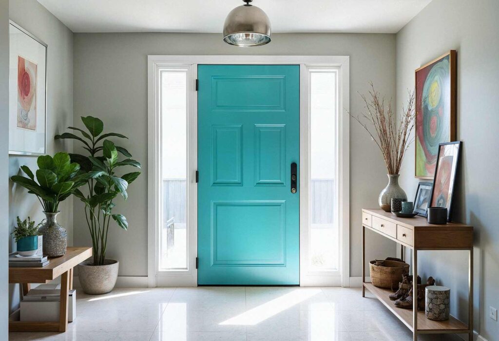 Entry Foyer Showing Turquoise Door and Silver Accents, Make Your Entryway Unforgettable: Stunning Painting Ideas to Transform Your Front Door into a Showstopper