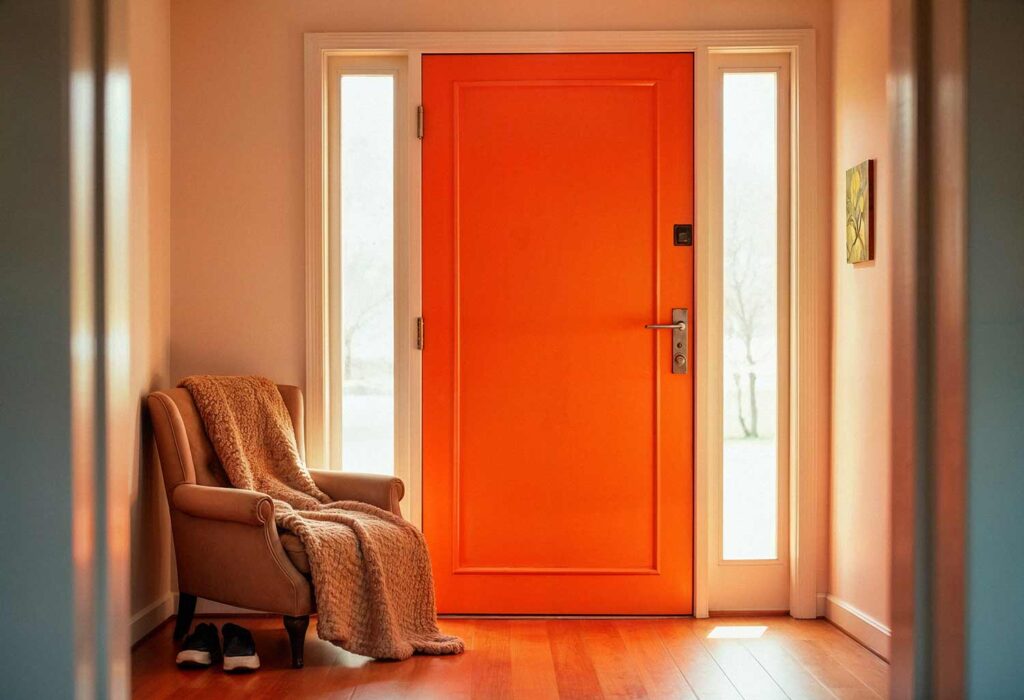 Entry Way Interior Showing A Fiery Orange Front Door, Make Your Entryway Unforgettable: Stunning Painting Ideas to Transform Your Front Door into a Showstopper