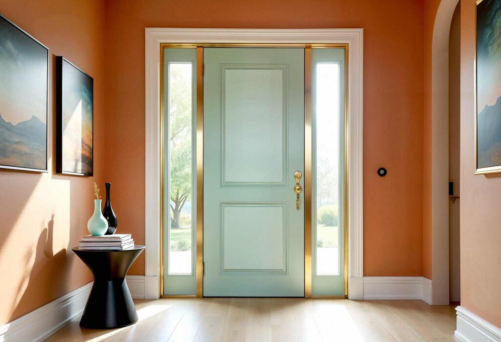 Entry Way Interior Showing A Light Teal Green Door and Gold Trim, Make Your Entryway Unforgettable: Stunning Painting Ideas to Transform Your Front Door into a Showstopper