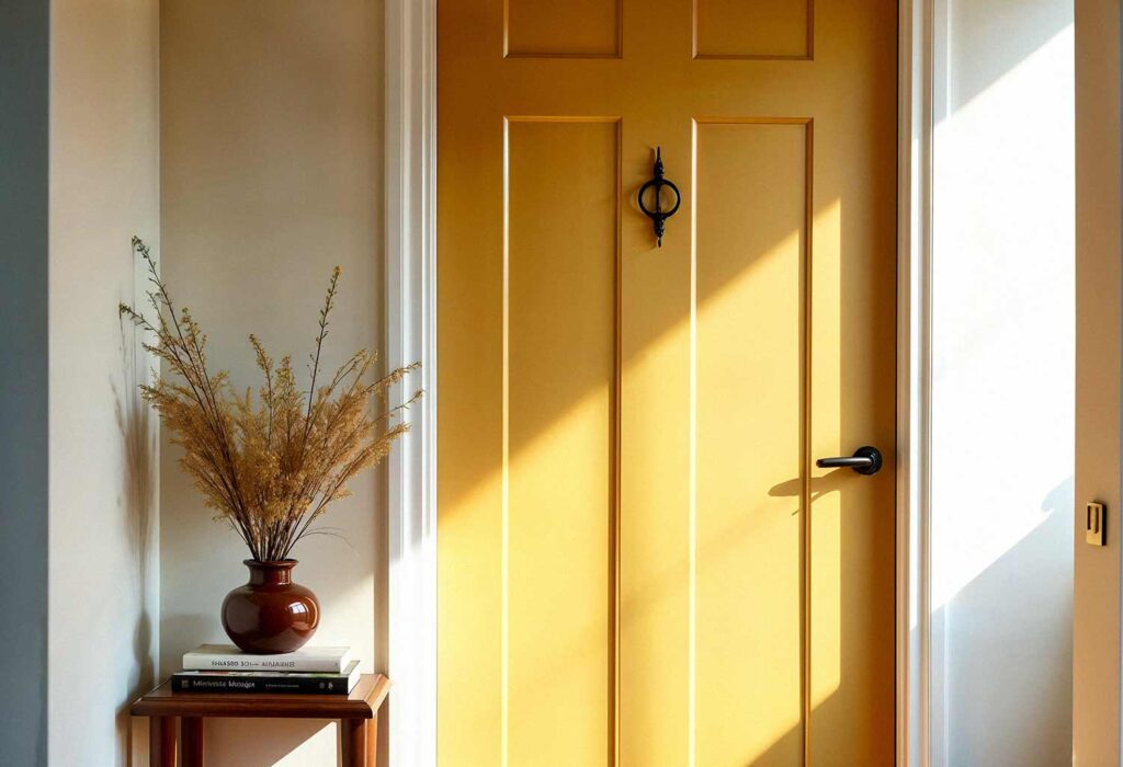Entry Way Interior with Front Door Painted muted mustard yellow, Make Your Entryway Unforgettable: Stunning Painting Ideas to Transform Your Front Door into a Showstopper