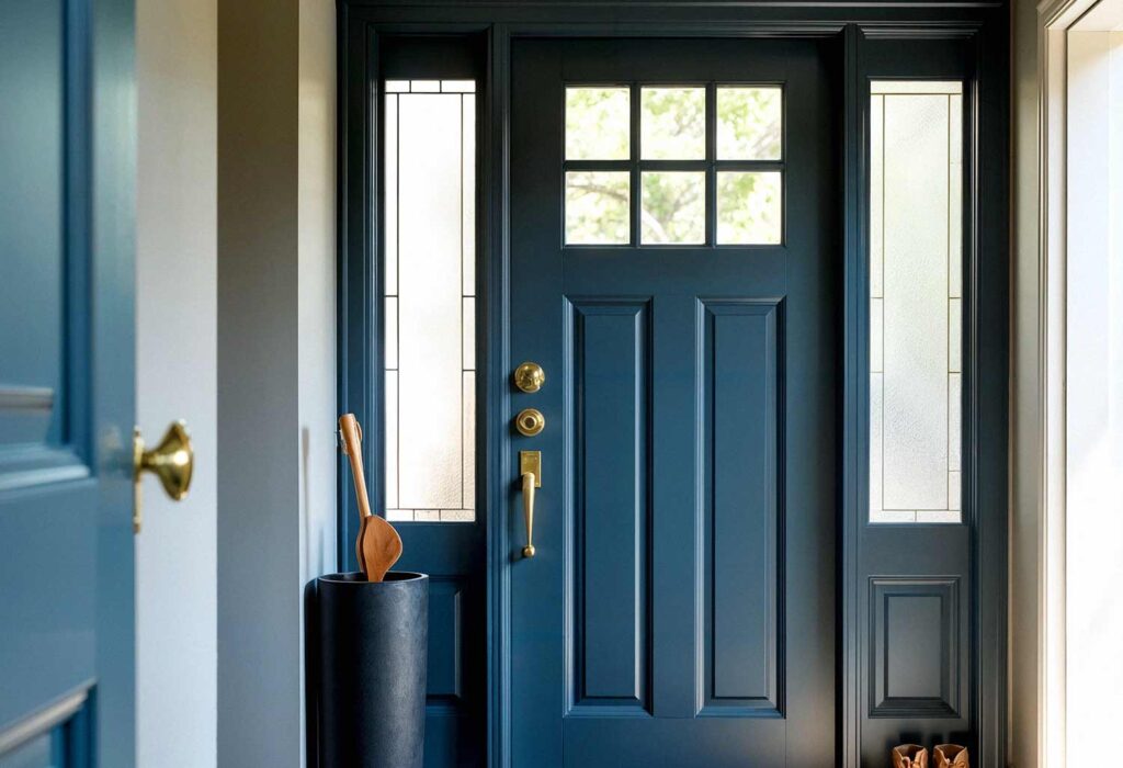 Entryway Featuring A Navy Blue Door, Make Your Entryway Unforgettable: Stunning Painting Ideas to Transform Your Front Door into a Showstopper