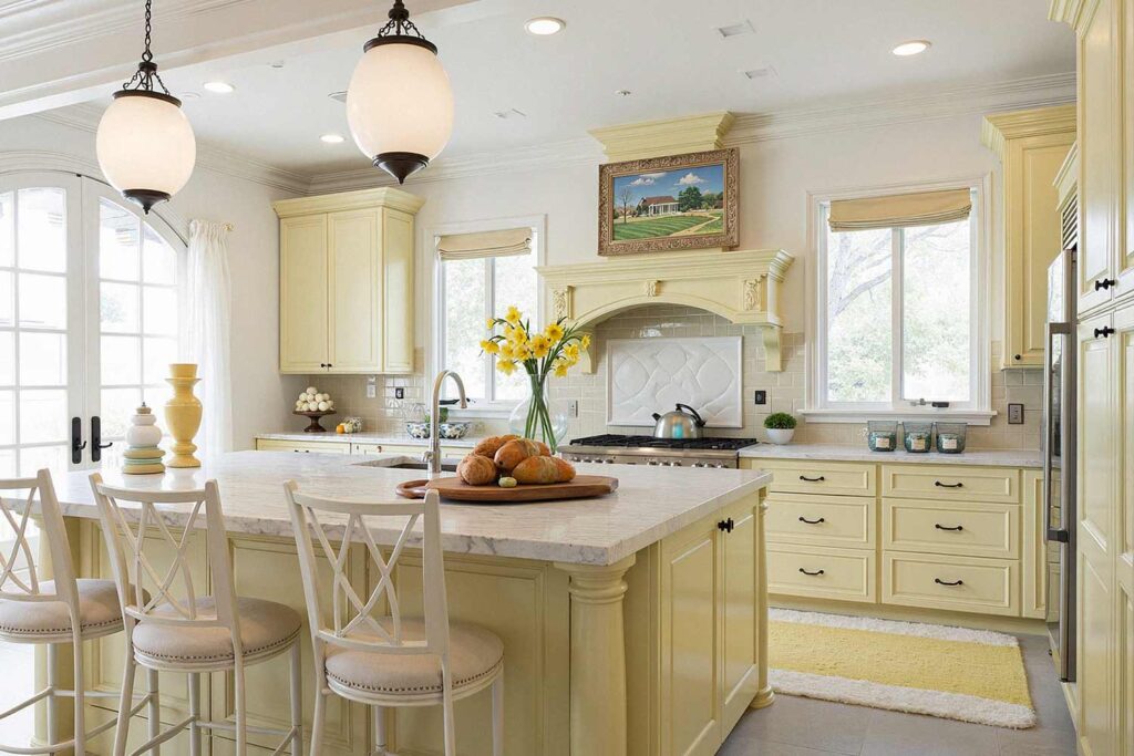 European Inspired Kitchen with Pale Yellow Cabinets, painter for cabinets, Refresh and Revive: Stunning Painting Ideas from a Master Cabinet Painter, Classic Butter Yellow