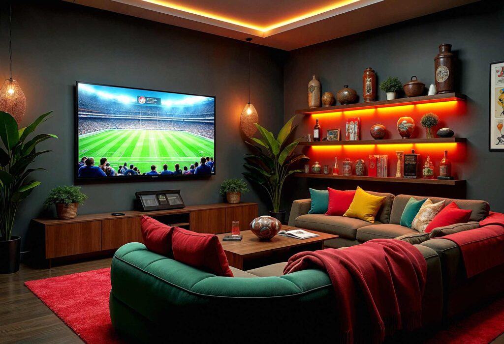 Football Game Gathering TV Room with dark gray walls and green couch, Transform Your Family Room into a Home Theater: Stunning Media Room Ideas and Painting Inspirations