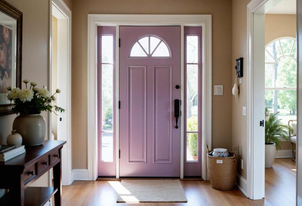 Foyer Interior with Front Door Painted lavender, Make Your Entryway Unforgettable: Stunning Painting Ideas to Transform Your Front Door into a Showstopper