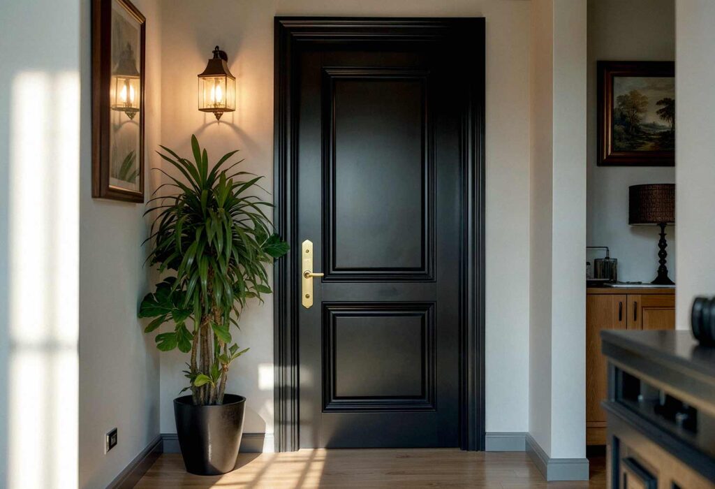 Foyer Interior with a Glossy Black Door, Make Your Entryway Unforgettable: Stunning Painting Ideas to Transform Your Front Door into a Showstopper