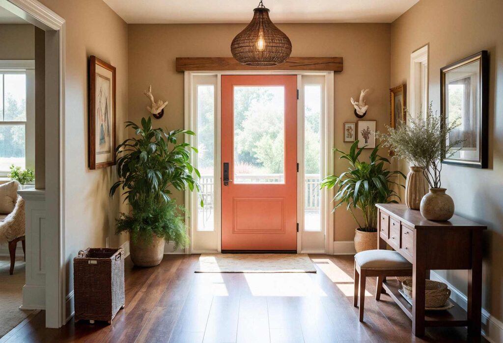 Foyer with Salmon Door and Reclaimed Wood Decor, Make Your Entryway Unforgettable: Stunning Painting Ideas to Transform Your Front Door into a Showstopper