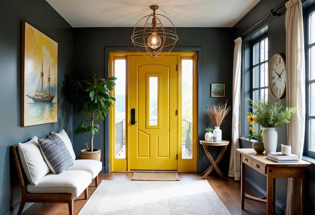 Foyer with Yellow Door and Dark Gray Walls, Make Your Entryway Unforgettable: Stunning Painting Ideas to Transform Your Front Door into a Showstopper