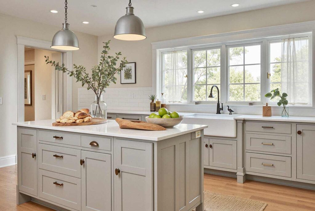 Greige Kitchen with Assorted Brass Handles, cabinet painting kitchen, Creative Color Combinations for Painting Kitchen Cabinets That Will Blow Your Mind, cabinet paint ideas, Bryce House Painting