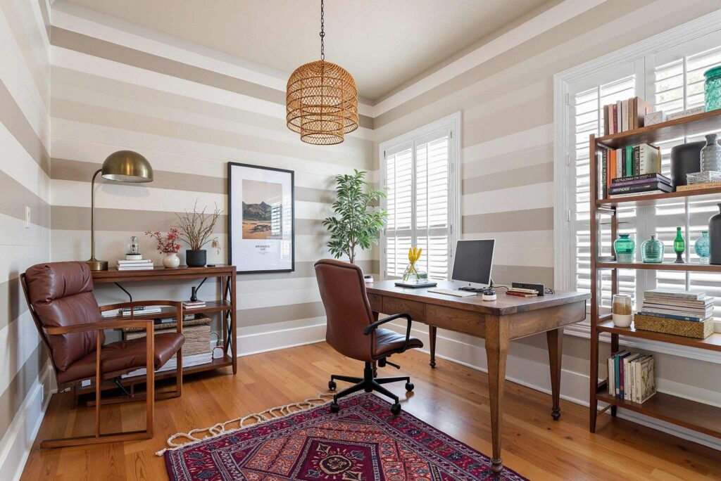 Home Office With Horizontal Beige and White Stripes, Painting Small Spaces: Bold Painting Ideas that Make Tiny Rooms Majestic, interior design, ideas for painting small homes, Phoenix Arcadia painter, accent walls