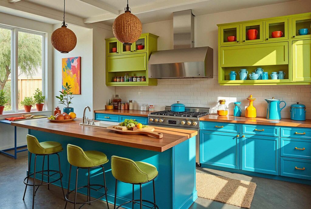 Kitchen with Cabinets Painted in Bright Colors Kelly Green and Aqua, cabinet painting kitchen, Creative Color Combinations for Painting Kitchen Cabinets That Will Blow Your Mind, cabinet paint ideas, Bryce House Painting