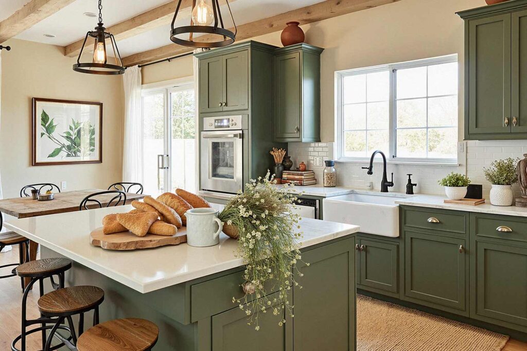 Kitchen with Olive Green Shaker Cabinets, painter for cabinets, Refresh and Revive: Stunning Painting Ideas from a Master Cabinet Painter, Farmhouse Green Elegance
