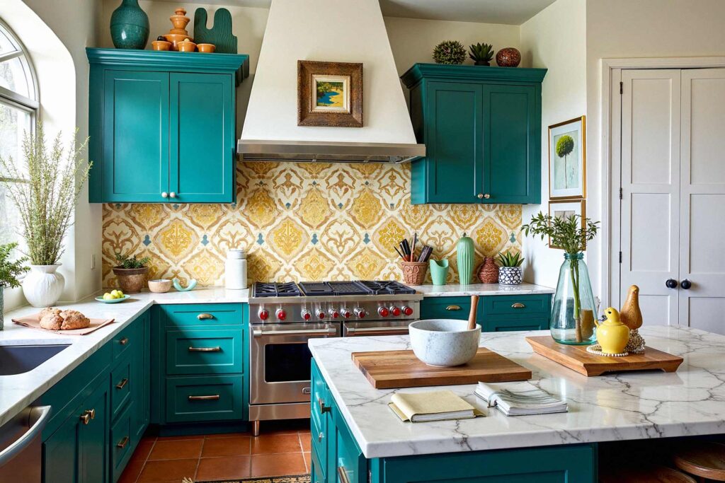 Kitchen with Teal Cabinets and Moroccan Tile Backsplash, painter for cabinets, Refresh and Revive: Stunning Painting Ideas from a Master Cabinet Painter,