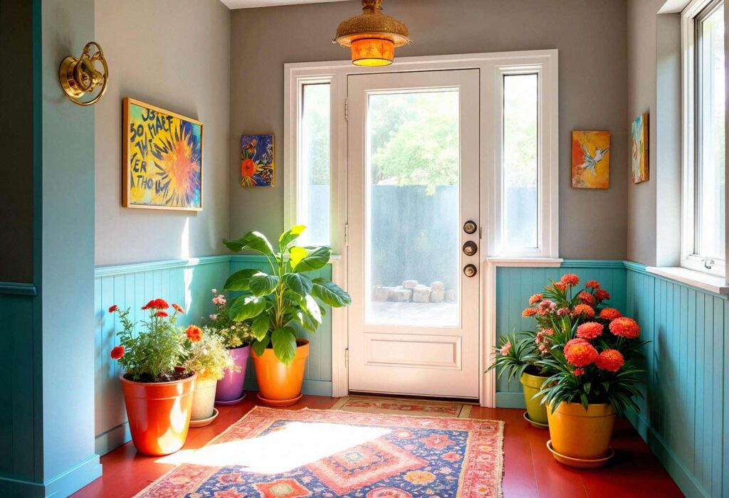 Lively Entryway with blue wainscotting and white door, Make Your Entryway Unforgettable: Stunning Painting Ideas to Transform Your Front Door into a Showstopper