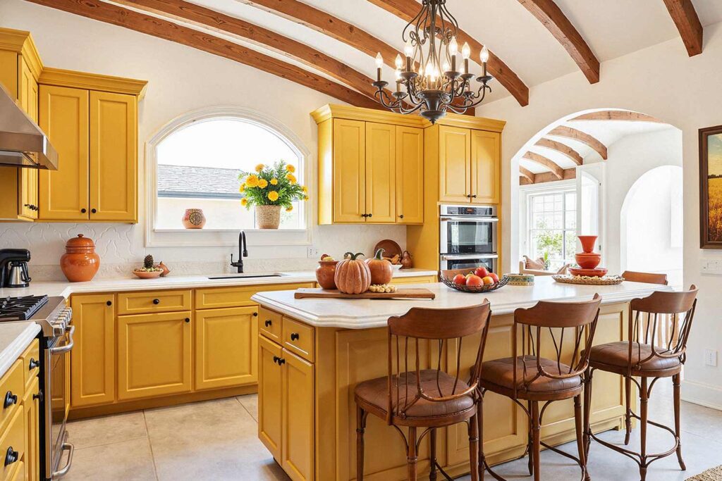 Mediterranean-inspired Kitchen with Ochre Cabinets, painter for cabinets, Refresh and Revive: Stunning Painting Ideas from a Master Cabinet Painter, Warm Golden Sunshine