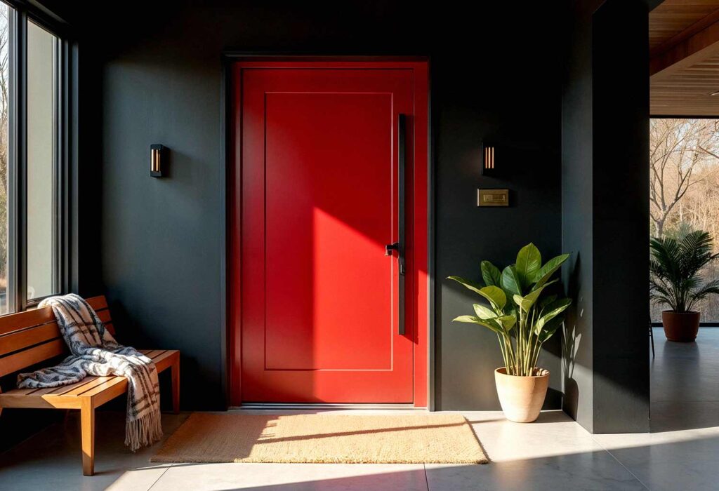 Mid-century Modern Home Entryway Interior, With Red Door, Make Your Entryway Unforgettable: Stunning Painting Ideas to Transform Your Front Door into a Showstopper