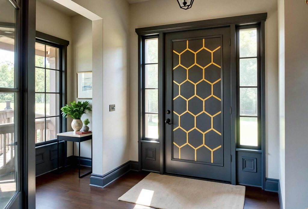 Modern Entry Way with Dark Gray Door and metalic Gold Honeycomb Design, Make Your Entryway Unforgettable: Stunning Painting Ideas to Transform Your Front Door into a Showstopper