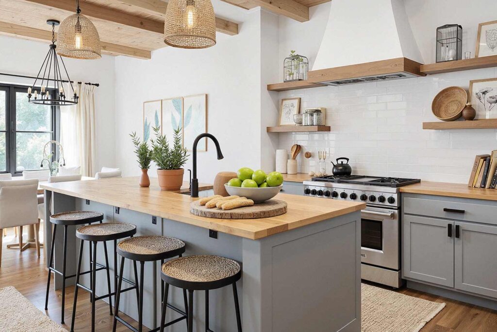 Modern Farmhouse Style Kitchen with Gray Cabinets and Wood Counter, painter for cabinets, Refresh and Revive: Stunning Painting Ideas from a Master Cabinet Painter, Neutral Gray Sophistication