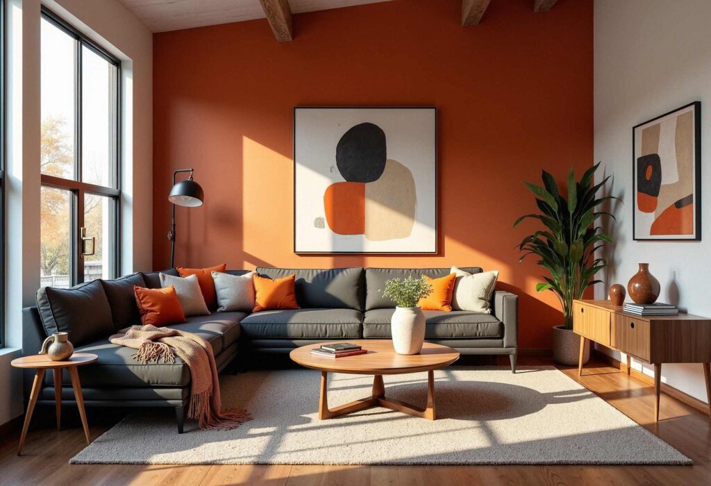 Rust Orange And Charcoal Gray Sitting Room, Transform Your Home with Stunning Mid-Century Modern Colors: Painting Inspirations for Every Room, painters phoenix, color ideas, Phoenix Painter, home improvement, painting inspirations