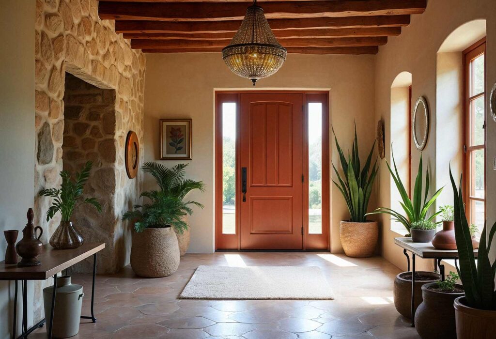 Rustic-style Entryway Interior With A Bold Terra Cotta Door, Make Your Entryway Unforgettable: Stunning Painting Ideas to Transform Your Front Door into a Showstopper