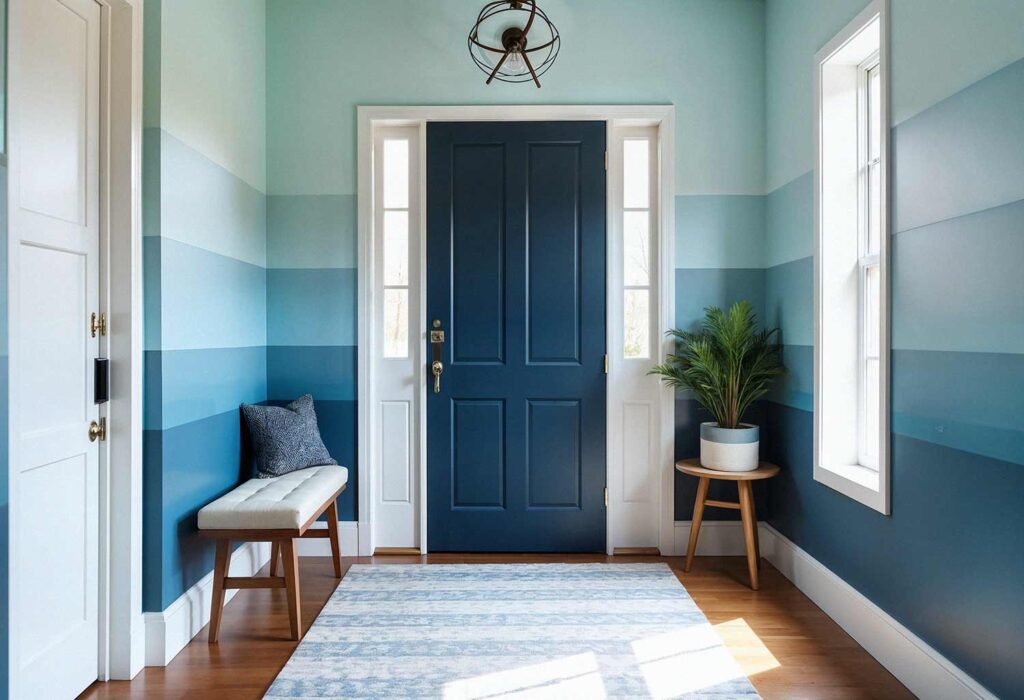 Sleek Entryway Featuring Blue Front Door and Horizontal Blue Stripe Walls, Make Your Entryway Unforgettable: Stunning Painting Ideas to Transform Your Front Door into a Showstopper