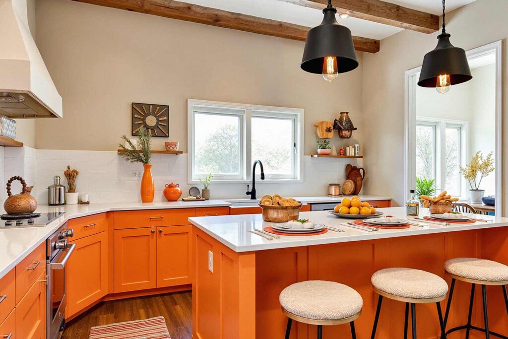 Vibrant Kitchen With Orange Cabinets and Dark Floor, painter for cabinets, Refresh and Revive: Stunning Painting Ideas from a Master Cabinet Painter, Bold Orange Statement