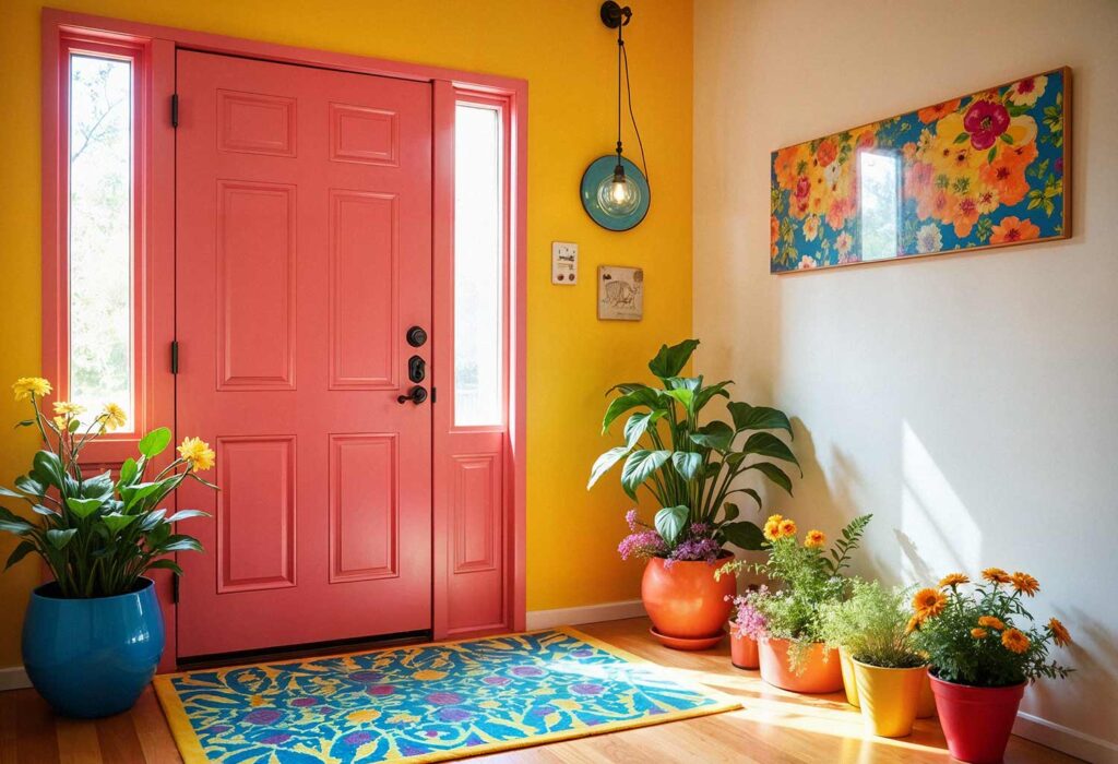 Vibrant and Playful Entryway With A coral pink front door, Make Your Entryway Unforgettable: Stunning Painting Ideas to Transform Your Front Door into a Showstopper