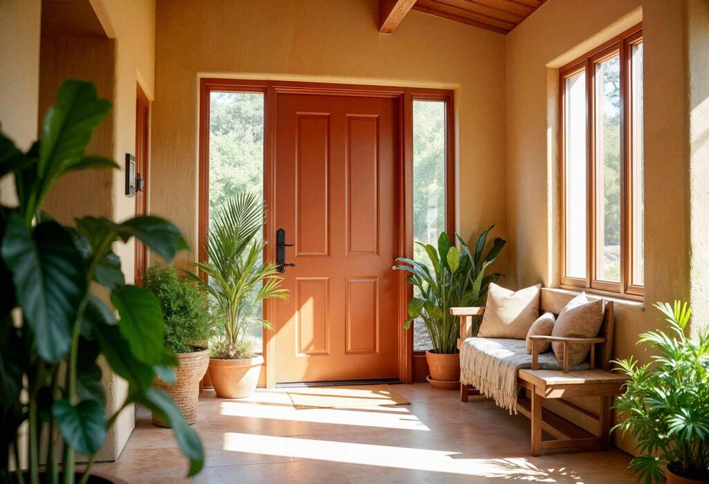 Warm Entryway with Terracotta Front Door and Plants, Make Your Entryway Unforgettable: Stunning Painting Ideas to Transform Your Front Door into a Showstopper