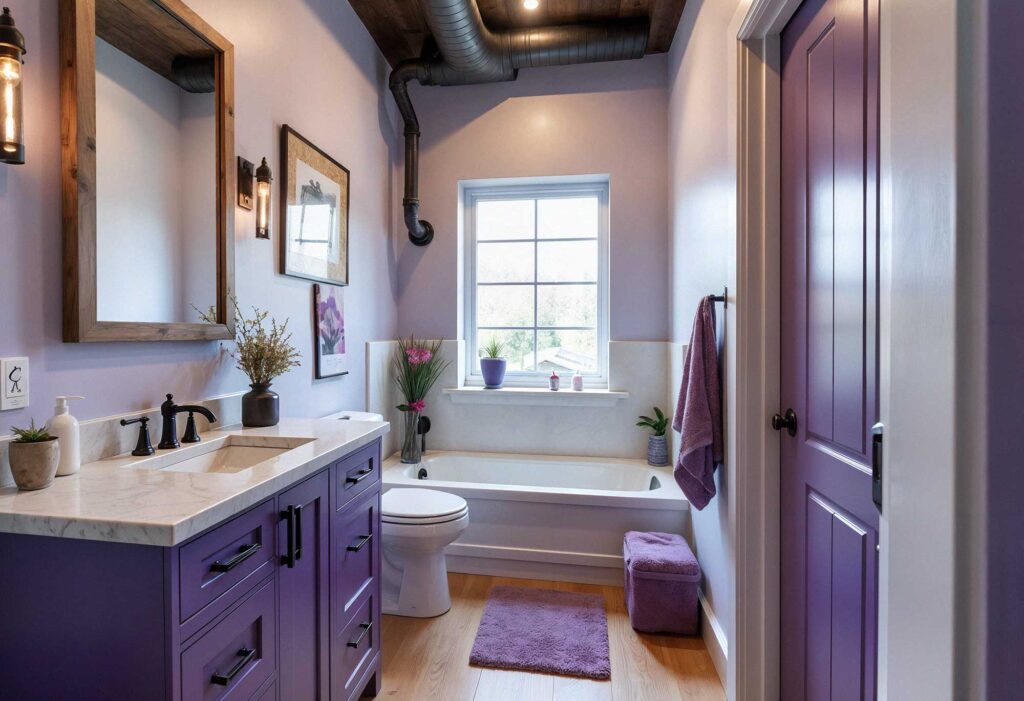 bathroom cabinet painting Ideas, purple bathroom with industrial look