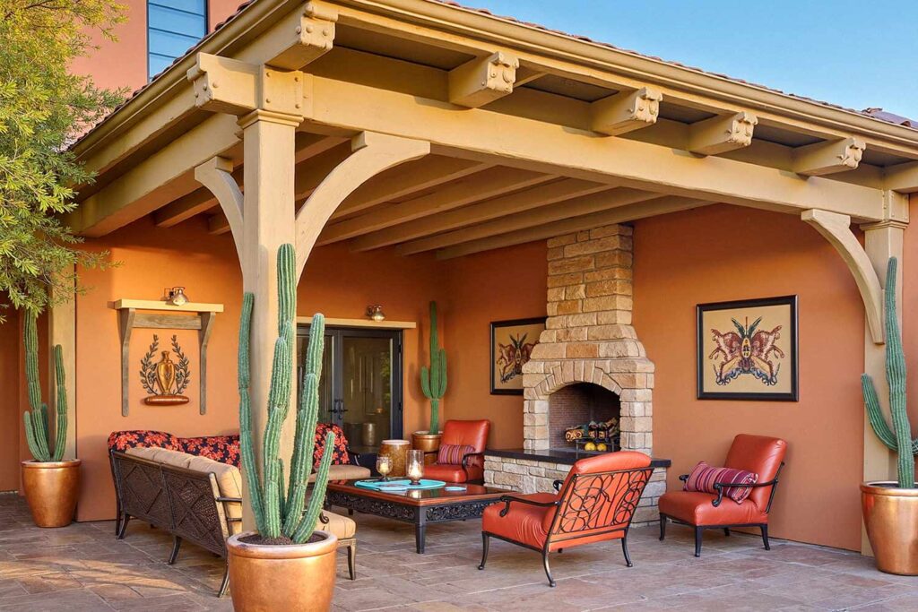 Arcadia Patio with Warm Terracotta walls with Sand-colored Trim, painting stained wood, painted wood patio, stained wood makeover, refinished wood eaves, wood stain transformation, painted over stain, stained wood update, exterior wood painting, outdoor wood refinishing, patio wood paint, exterior wood transformation, painted patio features, outdoor wood makeover, patio eaves painting, fascia transformation, painted wood trim, desert patio makeover, southwestern patio update, outdoor wood color ideas