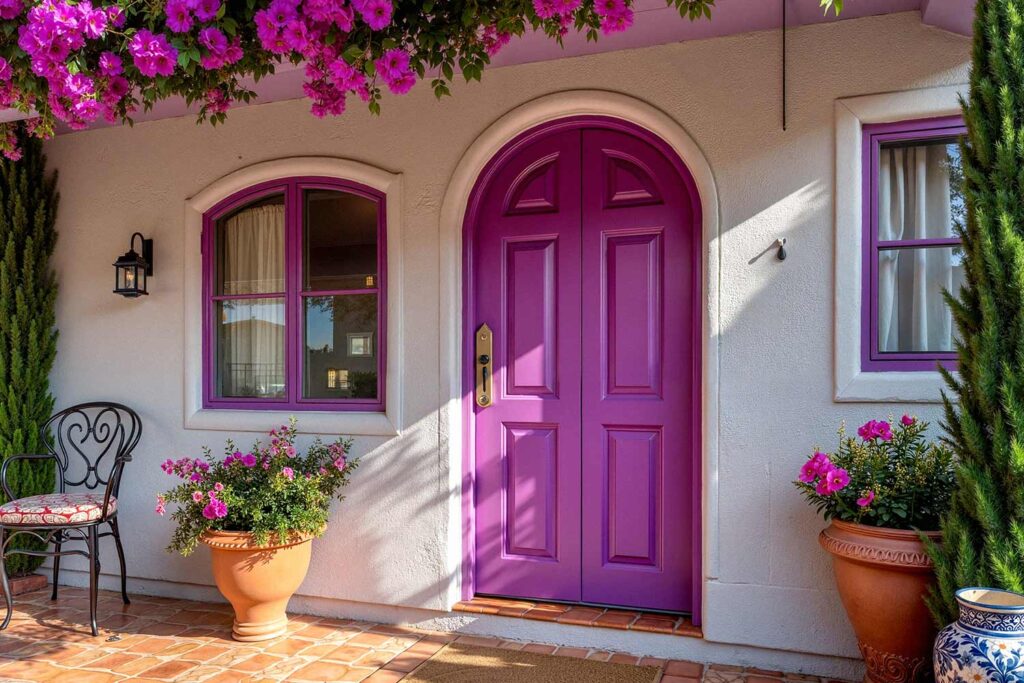 Artistic Magenta Front Door with Mediterranean-Inspired Accents, front door painting, painting front porch, painting front door, front door colors, front patio colors, curb appeal, best front door colors, front door color ideas, front door color trends, popular front door colors, front door paint finishes, front door color combinations, painting exterior doors, front door color schemes, front door makeover, front door color for resale, front door accent colors, Unlock Your Home’s Personality with Bold Front Door Colors and Fresh Painting Ideas
