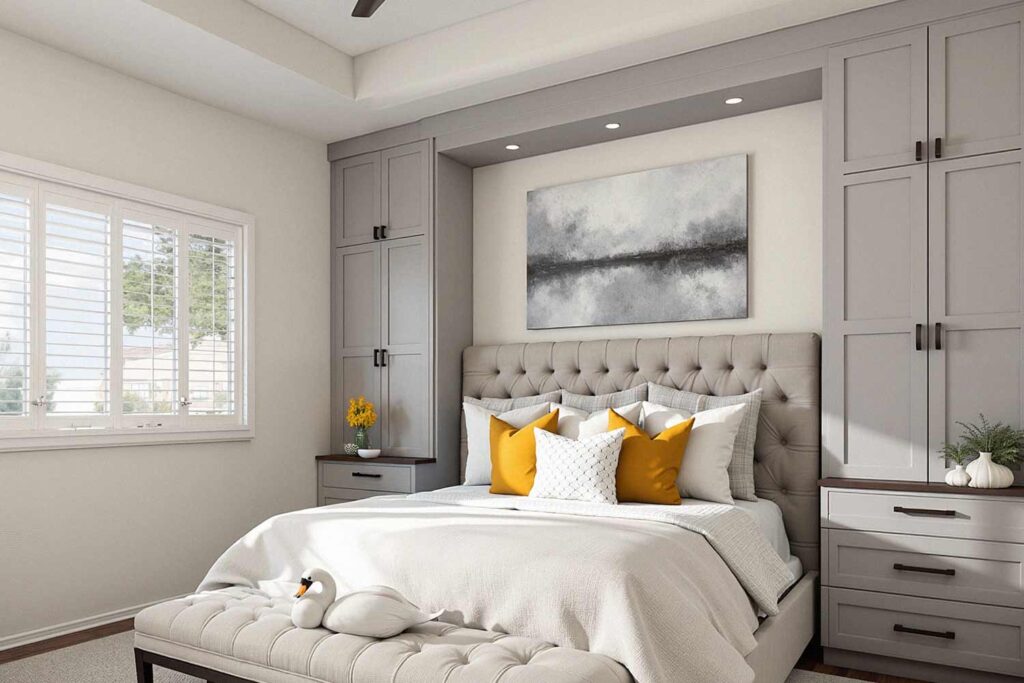 Bedroom With Cream Walls and Ochre Accents and Gray Cabinets, painting cabinets ideas, ideas for painting cabinets, house painting ideas, Interior Color Schemes, Cabinet Painting Tips and Tricks, Refinishing Old Cabinets with Paint, Modern Cabinet Painting Ideas, Cabinet Paint Colors