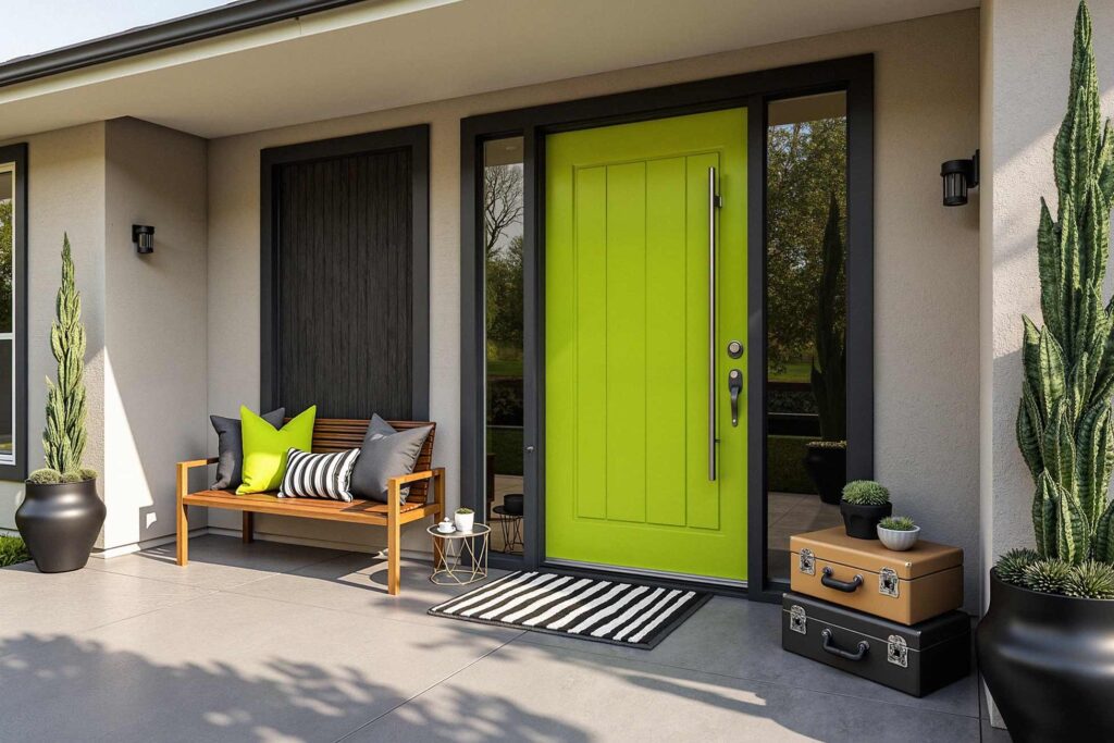 Bright Chartreuse Front Door with Mid-Century Modern Flair, front door painting, painting front porch, painting front door, front door colors, front patio colors, curb appeal, best front door colors, front door color ideas, front door color trends, popular front door colors, front door paint finishes, front door color combinations, painting exterior doors, front door color schemes, front door makeover, front door color for resale, front door accent colors, Unlock Your Home’s Personality with Bold Front Door Colors and Fresh Painting Ideas