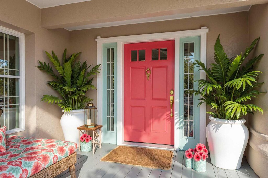 Bright Coral Pink Front Door with Coastal Elegance, front door painting, painting front porch, painting front door, front door colors, front patio colors, curb appeal, best front door colors, front door color ideas, front door color trends, popular front door colors, front door paint finishes, front door color combinations, painting exterior doors, front door color schemes, front door makeover, front door color for resale, front door accent colors, Unlock Your Home’s Personality with Bold Front Door Colors and Fresh Painting Ideas