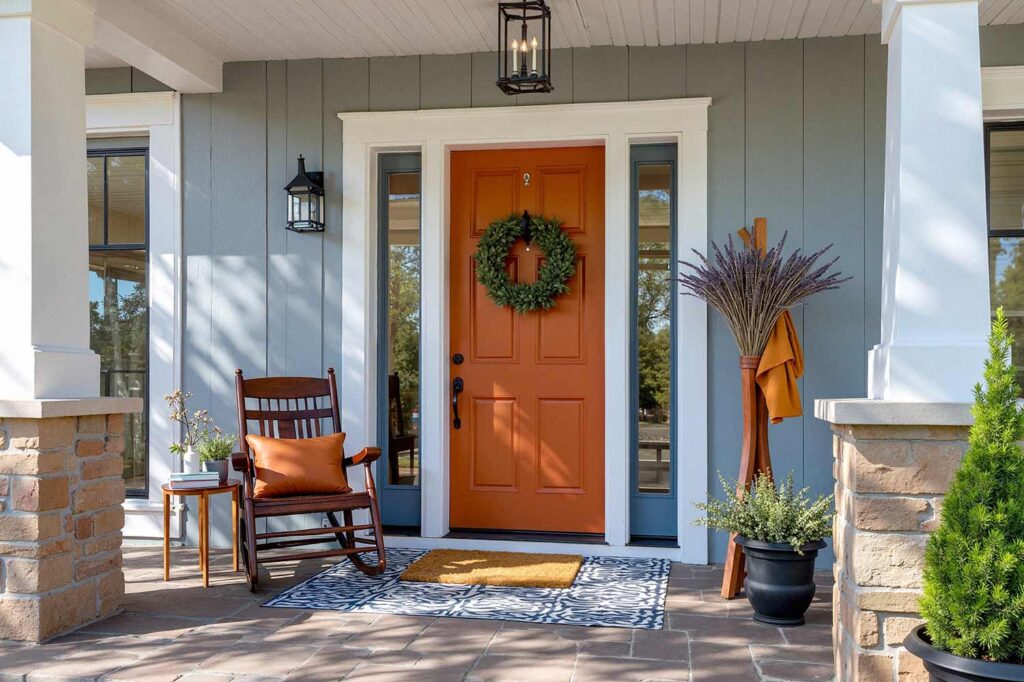 Burnt Sienna Front Door and Gray Walls with Rustic Craftsman Sophistication, front door painting, painting front porch, painting front door, front door colors, front patio colors, curb appeal, best front door colors, front door color ideas, front door color trends, popular front door colors, front door paint finishes, front door color combinations, painting exterior doors, front door color schemes, front door makeover, front door color for resale, front door accent colors, Unlock Your Home’s Personality with Bold Front Door Colors and Fresh Painting Ideas