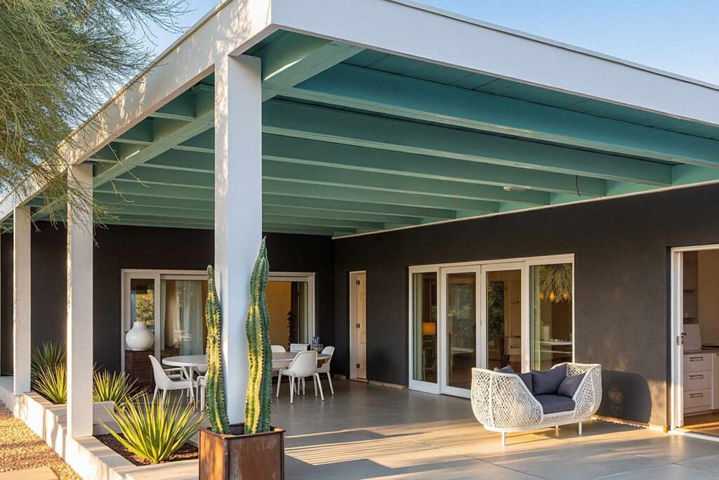 Charcoal gray walls with Dusty Teal Ceiling and White Trim, painting stained wood, painted wood patio, stained wood makeover, refinished wood eaves, wood stain transformation, painted over stain, stained wood update, exterior wood painting, outdoor wood refinishing, patio wood paint, exterior wood transformation, painted patio features, outdoor wood makeover, patio eaves painting, fascia transformation, painted wood trim, desert patio makeover, southwestern patio update, outdoor wood color ideas
