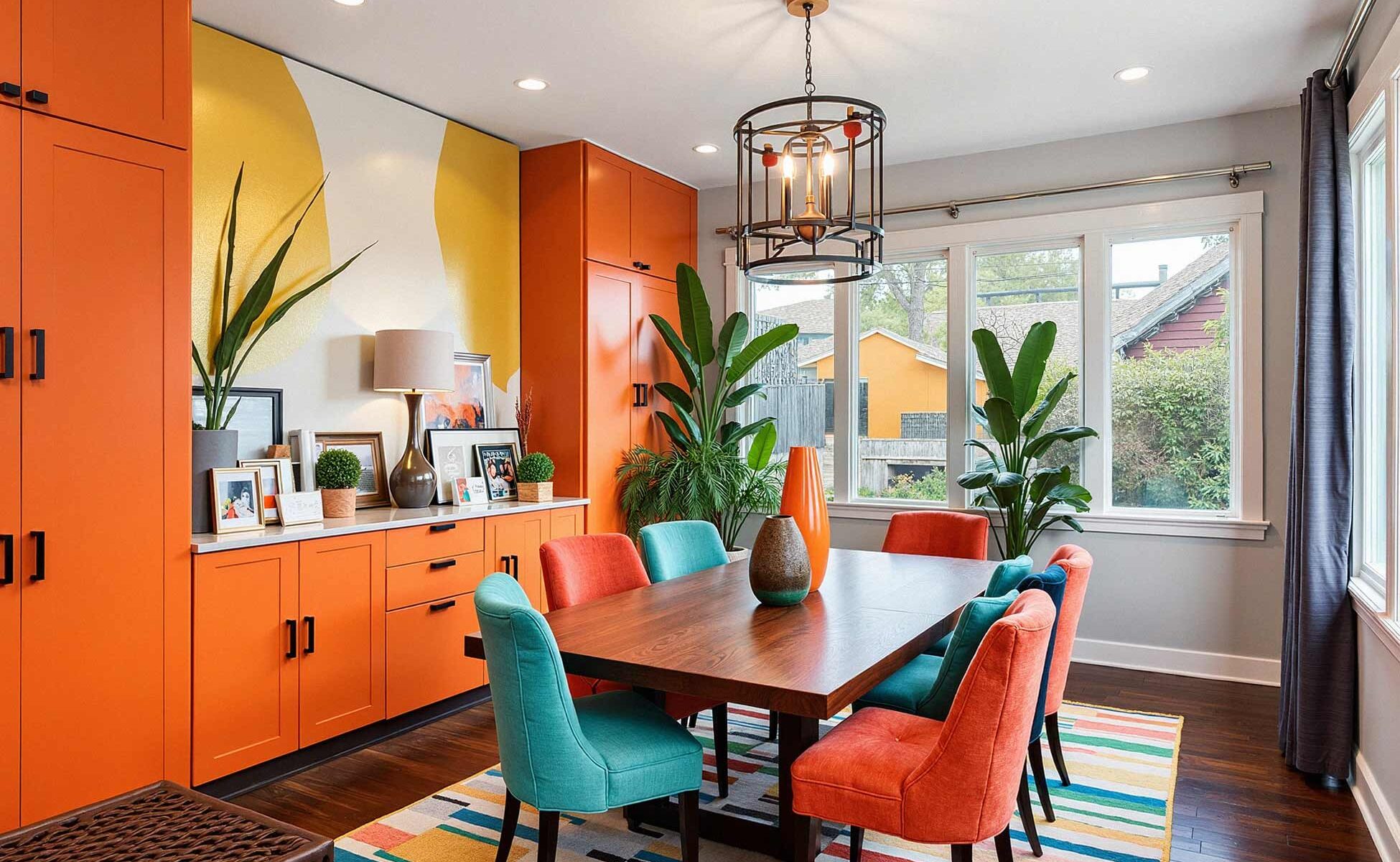 Chic Mid-century Modern Dining Room With Gray Walls and Orange Cabinets, painting cabinets ideas, ideas for painting cabinets, house painting ideas, Interior Color Schemes, Cabinet Painting Tips and Tricks, Refinishing Old Cabinets with Paint, Modern Cabinet Painting Ideas, Cabinet Paint Colors