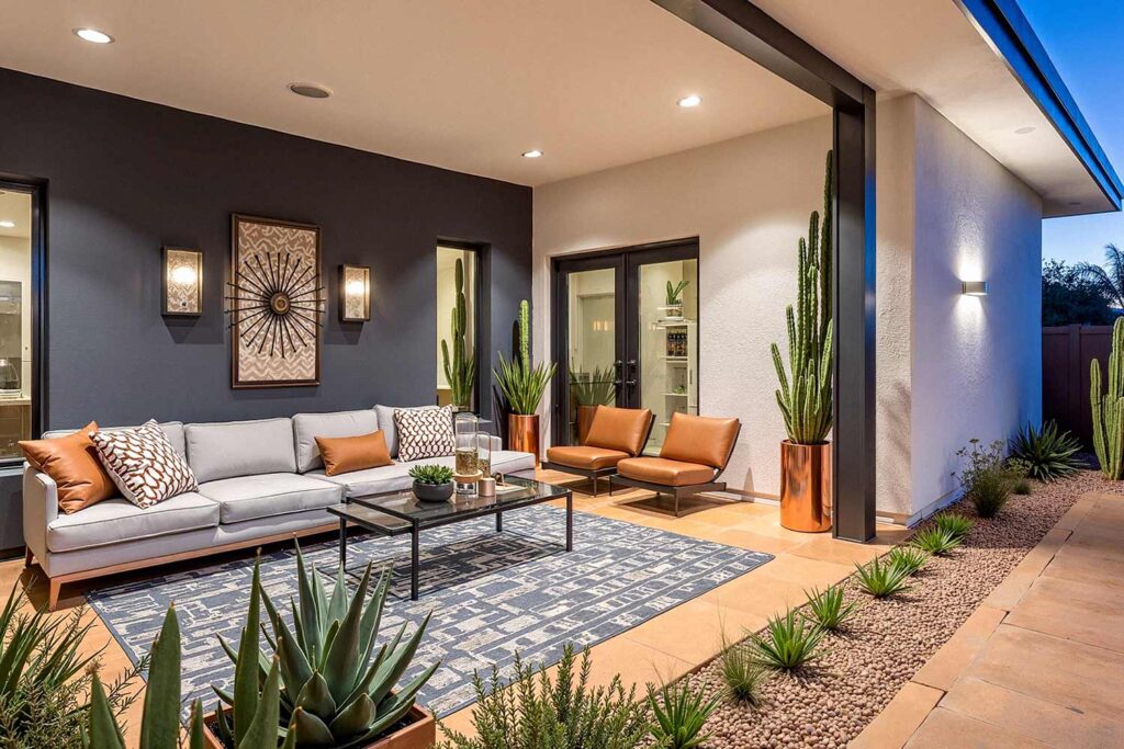 Contemporary Phoenix Patio with Steel Blue and White Color Scheme, Phoenix, Arizona, Desert lifestyle, Desert environment, Functional Terms:, Entertainment space, Gathering spot, Outdoor retreat, Living space, Patio color ideas, Phoenix outdoor living, Desert patio design, Outdoor paint colors, Patio transformation, Secondary Keywords: , Color combinations, Desert Modern, Mediterranean Oasis, Desert Sunset, Paint Techniques:, Color blocking, Ceiling painting, Painted rug designs, Mural designs, Zoning with color, Specific Areas:, Dining zone, Living zone, Accent zone, Conversation area