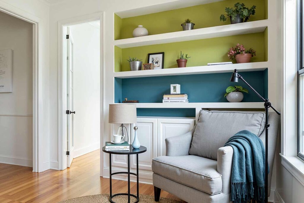 Cozy Reading Nook with Tansy Green and Blue Nile Color-Blocked Accent Wall White Walls and Bamboo Flooring, Unique Interior Paint Colors, Cozy reading nook with Tansy Green and Blue Nile color-blocked accent wall, white walls, and bamboo flooring, featuring relaxing decor and natural light in a Scottsdale neighborhood, Unique Interior Paint Shades, Distinctive Wall Colors, Nontraditional Paint Hues, Uncommon Interior Color Palettes, Eccentric Paint Tones, Quirky Wall Colors, Rare Interior Paint Options, Offbeat Color Choices, Exceptional Paint Colors, Striking Interior Hues, Alternative Wall Colors, Innovative Paint Shades, Unconventional Color Schemes, Eye-catching Interior Colors, Bold Paint Selections, Interior Color Shades, Wall Paint Hues, Room Paint Colors, Indoor Paint Tones, Home Paint Colors, Decorative Paint Colors, Residential Paint Shades, Interior Coating Colors, Living Space Paint Colors, House Paint Hues, Interior Color Palette, Wall Color Options, Indoor Color Selections, Interior Finishing Colors, Room Color Schemes,