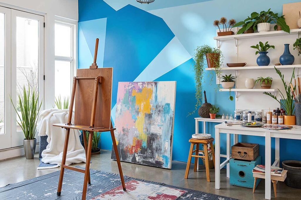Creative Art Studio with Major Blue Accent Wall Snowbound Walls and Polished Concrete Floors, Unique Interior Paint Colors, Creative art studio with Major Blue accent wall, Snowbound walls, and polished concrete floors, featuring artistic tools and decor in a Scottsdale neighborhood with afternoon sunlight, Unique Interior Paint Shades, Distinctive Wall Colors, Nontraditional Paint Hues, Uncommon Interior Color Palettes, Eccentric Paint Tones, Quirky Wall Colors, Rare Interior Paint Options, Offbeat Color Choices, Exceptional Paint Colors, Striking Interior Hues, Alternative Wall Colors, Innovative Paint Shades, Unconventional Color Schemes, Eye-catching Interior Colors, Bold Paint Selections, Interior Color Shades, Wall Paint Hues, Room Paint Colors, Indoor Paint Tones, Home Paint Colors, Decorative Paint Colors, Residential Paint Shades, Interior Coating Colors, Living Space Paint Colors, House Paint Hues, Interior Color Palette, Wall Color Options, Indoor Color Selections, Interior Finishing Colors, Room Color Schemes,
