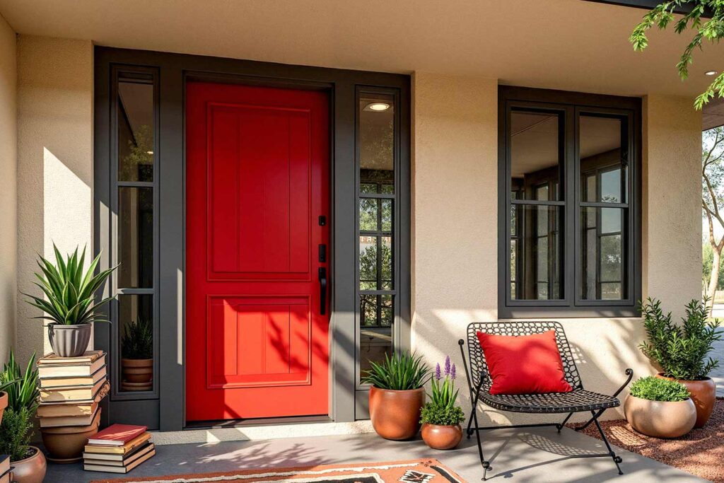 Crimson Red Front Door and Gray Trim with Bold Eclectic Vibes, front door painting, painting front porch, painting front door, front door colors, front patio colors, curb appeal, best front door colors, front door color ideas, front door color trends, popular front door colors, front door paint finishes, front door color combinations, painting exterior doors, front door color schemes, front door makeover, front door color for resale, front door accent colors, Unlock Your Home’s Personality with Bold Front Door Colors and Fresh Painting Ideas