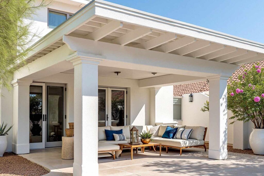 Crisp White eaves and walls with Warm Off-white fascia, painting stained wood, painted wood patio, stained wood makeover, refinished wood eaves, wood stain transformation, painted over stain, stained wood update, exterior wood painting, outdoor wood refinishing, patio wood paint, exterior wood transformation, painted patio features, outdoor wood makeover, patio eaves painting, fascia transformation, painted wood trim, desert patio makeover, southwestern patio update, outdoor wood color ideas