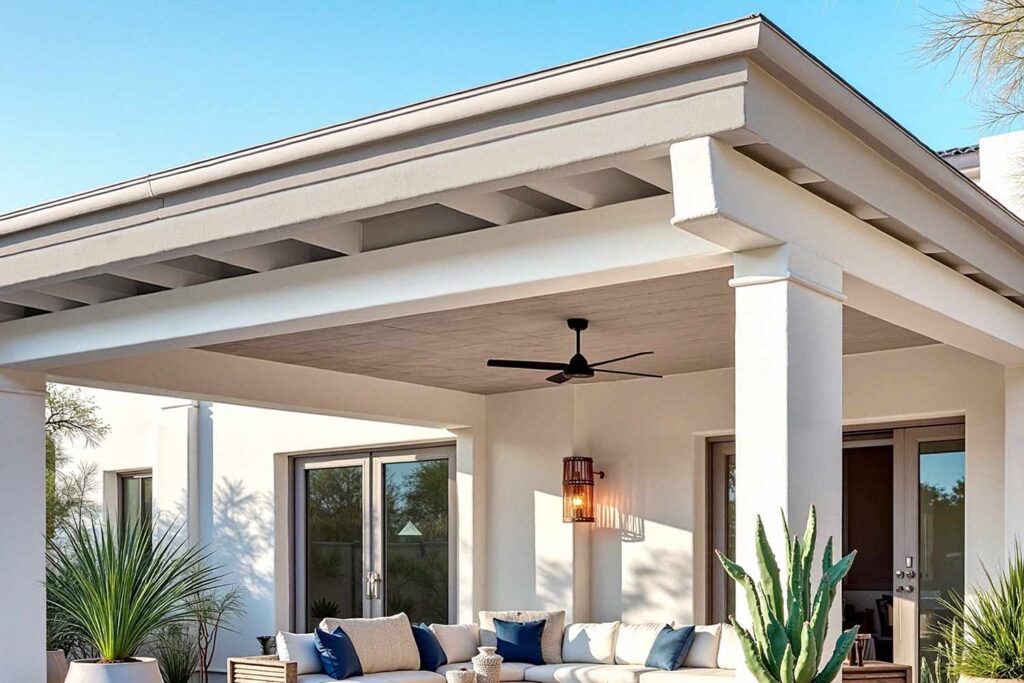 Crisp White eaves and walls with Warm Off-white fascia, painting stained wood, painted wood patio, stained wood makeover, refinished wood eaves, wood stain transformation, painted over stain, stained wood update, exterior wood painting, outdoor wood refinishing, patio wood paint, exterior wood transformation, painted patio features, outdoor wood makeover, patio eaves painting, fascia transformation, painted wood trim, desert patio makeover, southwestern patio update, outdoor wood color ideas