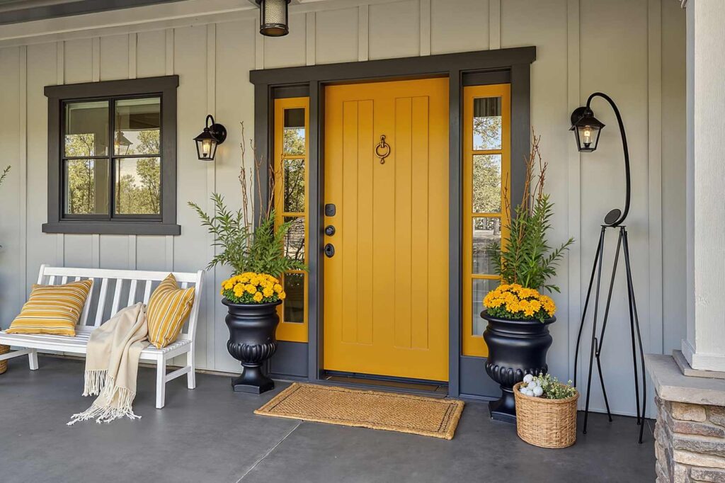 Dark Mustard Front Door with Gray Walls and Trim, front door colors, entrance door colors, entry door hues, door paint colors, exterior door shades, entryway colors, doorway colors, entrance paint colors, entry paint shades, painting front door, refinishing front door, refreshing front entrance, updating front door, renovating entry door, repainting entrance door, coating front door, finishing front entrance, door makeover, painting front porch, refinishing porch entrance, updating front entrance, refreshing porch area, renovating entry porch, repainting porch space, coating porch surface, entrance way update, porch makeover, front door painting, entry door renovation, entrance door refinishing, door color update, doorway refreshing, entryway painting, entrance repainting, door color makeover, entry door transformation