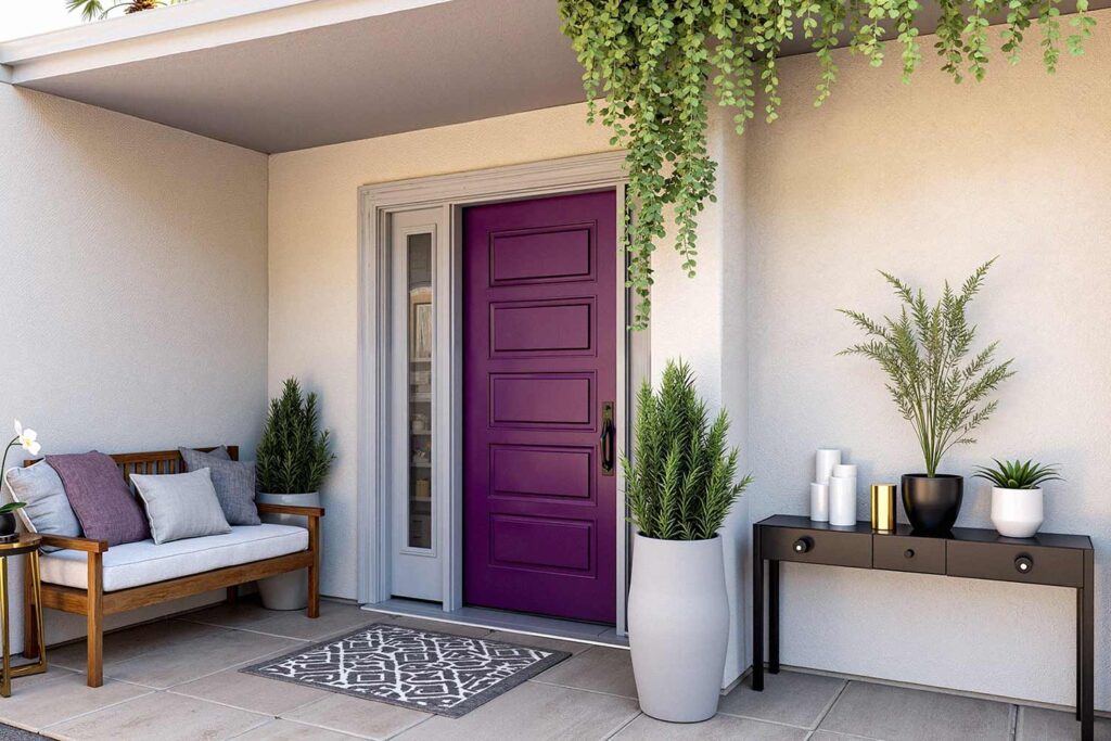 Deep Plum Front Door with Modern Transitional Style in Beige, front door painting, painting front porch, painting front door, front door colors, front patio colors, curb appeal, best front door colors, front door color ideas, front door color trends, popular front door colors, front door paint finishes, front door color combinations, painting exterior doors, front door color schemes, front door makeover, front door color for resale, front door accent colors, Unlock Your Home’s Personality with Bold Front Door Colors and Fresh Painting Ideas