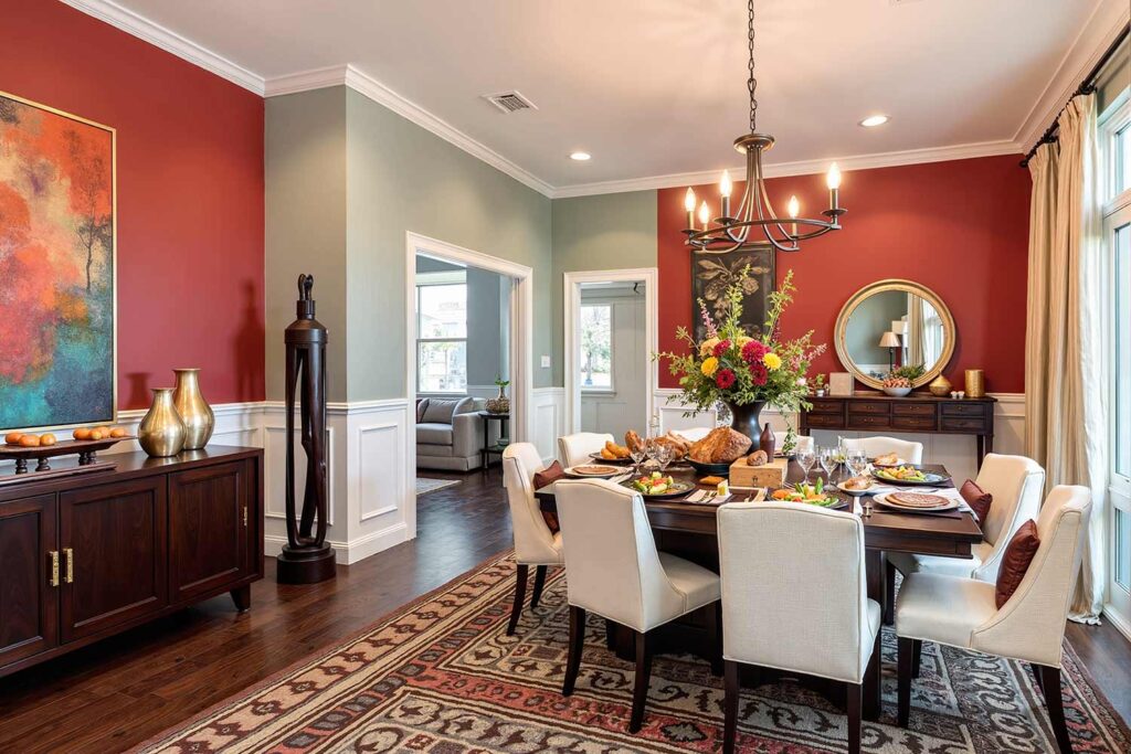 Dining Room with Red Accent Wall Grayish-Green Walls Dark Flooring, Unique Interior Paint Colors, Inviting dining room with Red Bay accent wall, Rainwashed walls, and white trim, featuring elegant decor and warm natural light in a Scottsdale neighborhood, Unique Interior Paint Shades, Distinctive Wall Colors, Nontraditional Paint Hues, Uncommon Interior Color Palettes, Eccentric Paint Tones, Quirky Wall Colors, Rare Interior Paint Options, Offbeat Color Choices, Exceptional Paint Colors, Striking Interior Hues, Alternative Wall Colors, Innovative Paint Shades, Unconventional Color Schemes, Eye-catching Interior Colors, Bold Paint Selections, Interior Color Shades, Wall Paint Hues, Room Paint Colors, Indoor Paint Tones, Home Paint Colors, Decorative Paint Colors, Residential Paint Shades, Interior Coating Colors, Living Space Paint Colors, House Paint Hues, Interior Color Palette, Wall Color Options, Indoor Color Selections, Interior Finishing Colors, Room Color Schemes,
