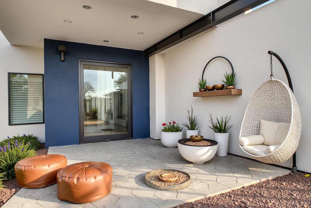 Early Morning Serenity in a Desert Minimalist Patio with Blue Accent Wall, Phoenix, Arizona, Desert lifestyle, Desert environment, Functional Terms:, Entertainment space, Gathering spot, Outdoor retreat, Living space, Patio color ideas, Phoenix outdoor living, Desert patio design, Outdoor paint colors, Patio transformation, Secondary Keywords: , Color combinations, Desert Modern, Mediterranean Oasis, Desert Sunset, Paint Techniques:, Color blocking, Ceiling painting, Painted rug designs, Mural designs, Zoning with color, Specific Areas:, Dining zone, Living zone, Accent zone, Conversation area